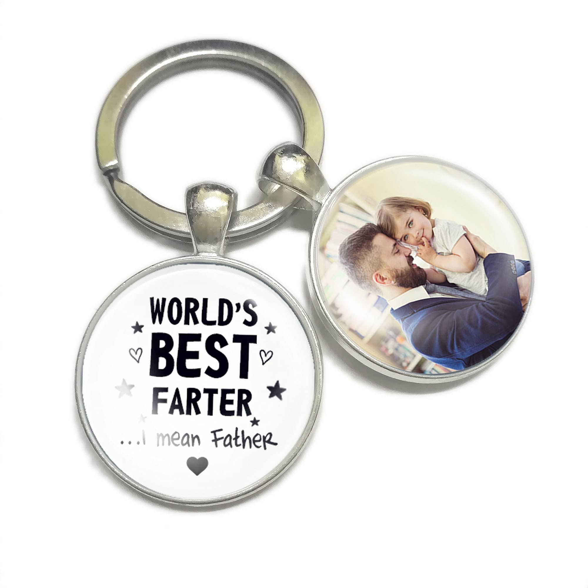 Personalised Glass Keyring with Photo Funny Novelty Father's Day Birthday Gift for Men Dad Daddy from Son Daughter Handmade Custom Keychain Keepsake Present-Worlds best farter I mean father (White)