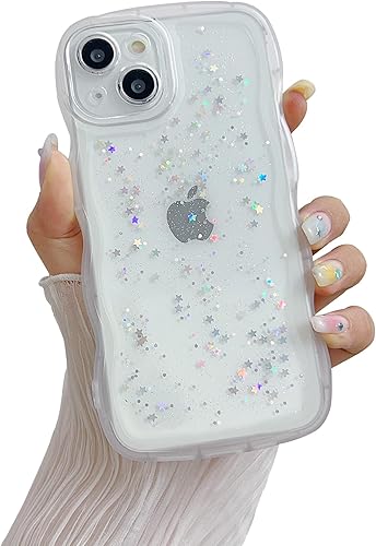 Compatible con iPhone 14 con borde ondulado, estrellas brillantes, bonita funda transparente para teléfono para mujeres y niñas, TPU suave,