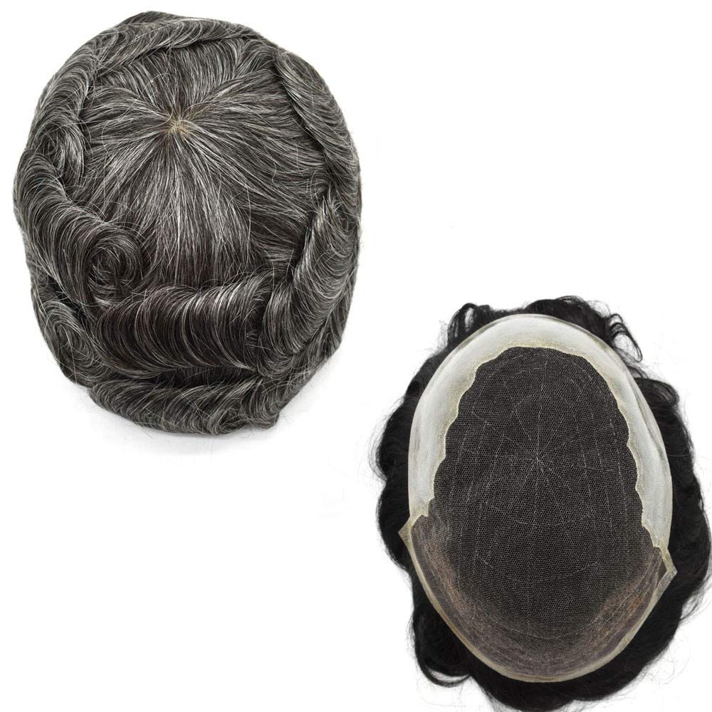 LHCMen Toupee French Lace Front Mens Toupee Hairpieces Poly Skin PU Natural Hairline Replacement Wig (6''x8''120% Light Medium Density, 1B50# Natural Black With 50% Gray)