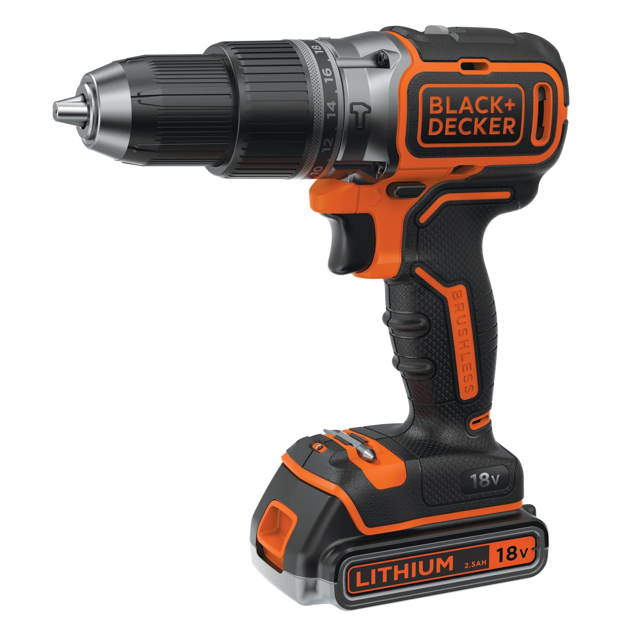 BLACK+DECKER Trapano avvitatore a percussione 18V, motore senza spazzole, mandrino 13mm, LED, 2 batterie, 50 accessori, caricabatterie, borsa, BL188ME2SA-QW