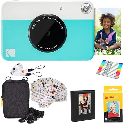 KODAK Printomatic Full-Color Instant Print Digital Camera Colorful Photos On Zink 2x3" Sticky-Back Photo Paper 5MP Gift Bundle: Case + Zink 2x3" 20pk + Album + Stickers + Frames + Markers - Blue