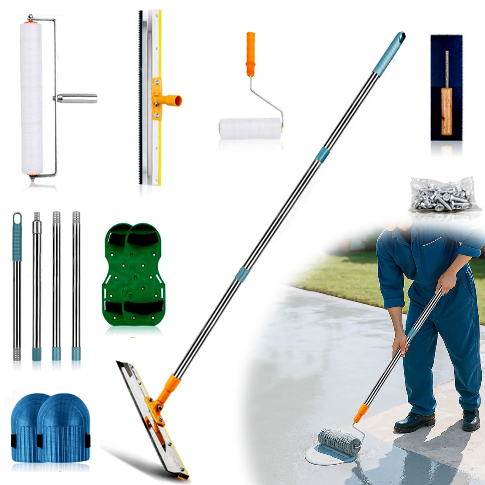 Kit D'outils de Ciment Autonivelant, Kit de Rouleau Debulleur Ragreage, Kit de Ciment Autonivelant avec Rouleau à Picots, Racloir, Chaussures à Crampons, Rallonge