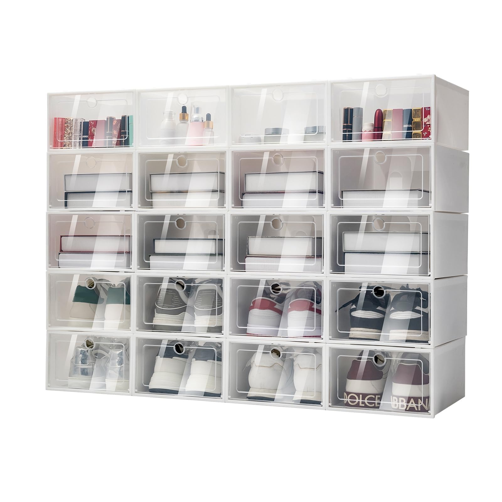 24pcs Transparente Stapelbare Schuhkarton Schuhbox, Kunststoffbox Faltbare Plastik Aufbewahrungsbox Shoe Box mit Durchsichtiger Tür 33 x 23 x 14cm (24)