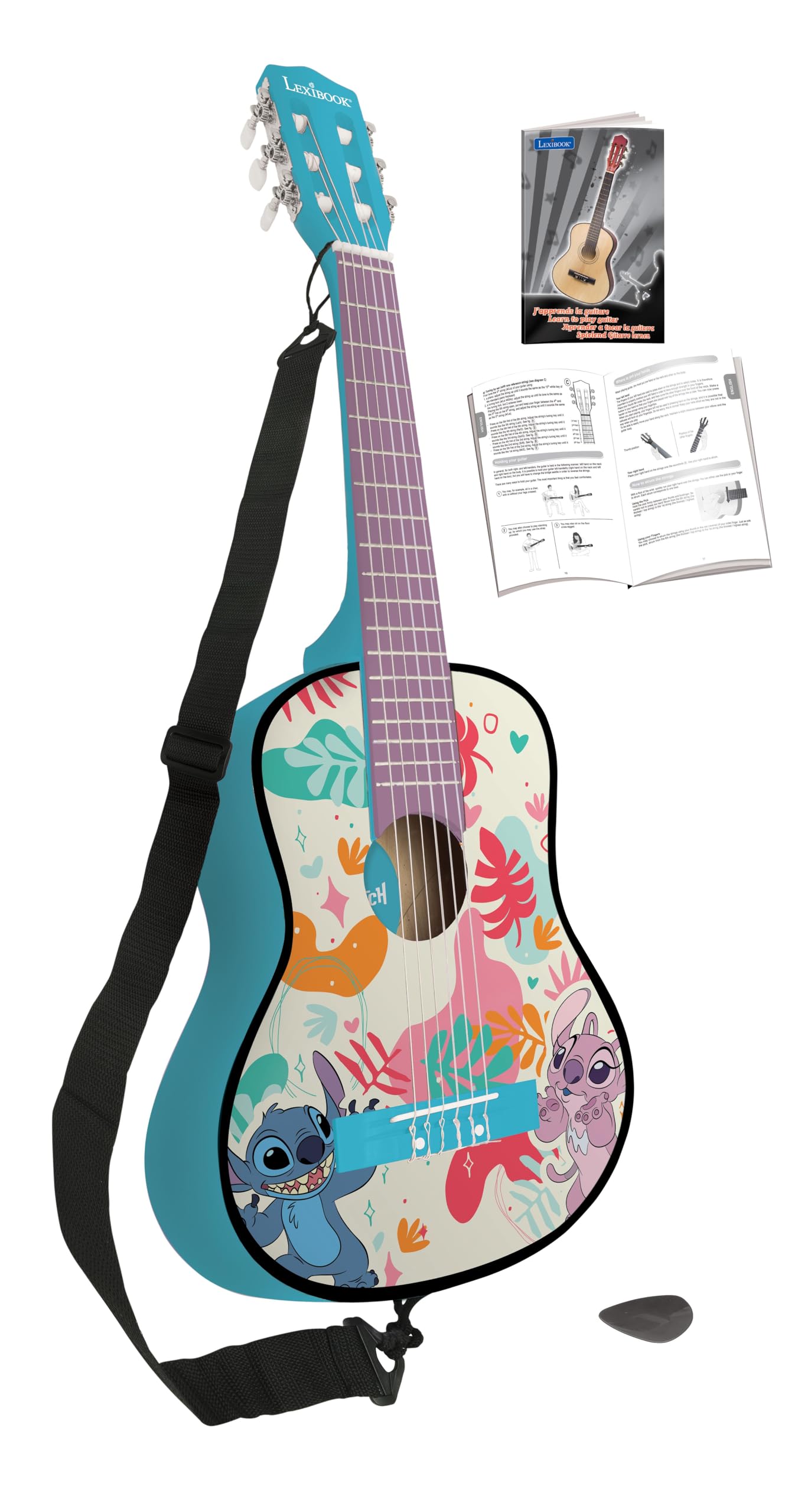 Lexibook, Disney Stitch, Moja pierwsza drewniana gitara akustyczna, 6 strun nylonowych, 78 cm (30"), przewodnik edukacyjny, zestaw picków i pasek, niebieski, K2000DLXB