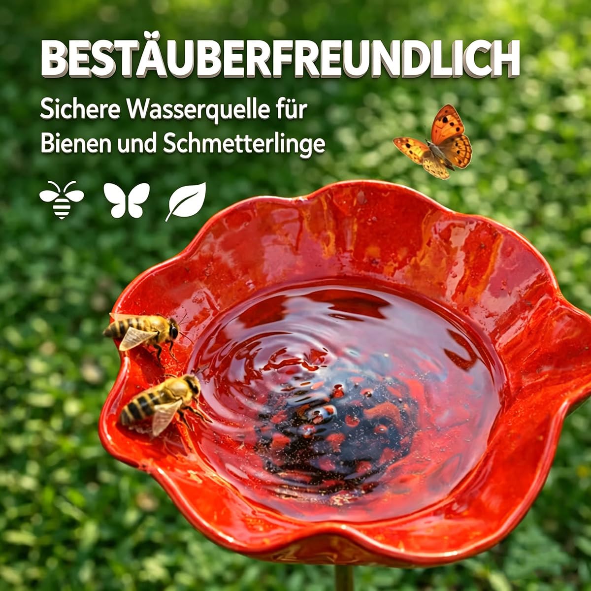 Vogeltränke Blume, Bienentränke Keramik mit Bodensteckdose - Bienentränke Gartenstecker & Insektentränke, Wasserschale und Vogelfutterstelle, Dekorative Keramikblüten Blumenstecker (A2)