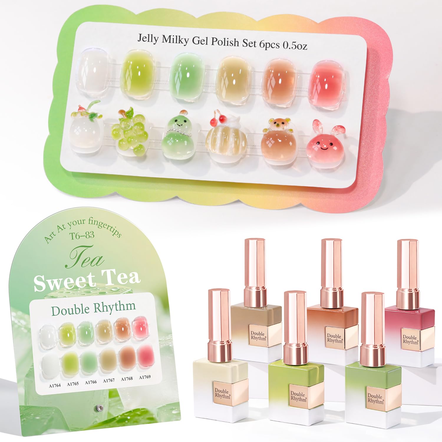 Double Rhythm 6 Pcs 15 ML Gel Polish Set Same Color Same Bottle Soak Off Gel Polish Kit Nail Art Manicure Salon DIY at Home (Jelly White Mint Green Olive Tea Brown Rose Red-T6-83)