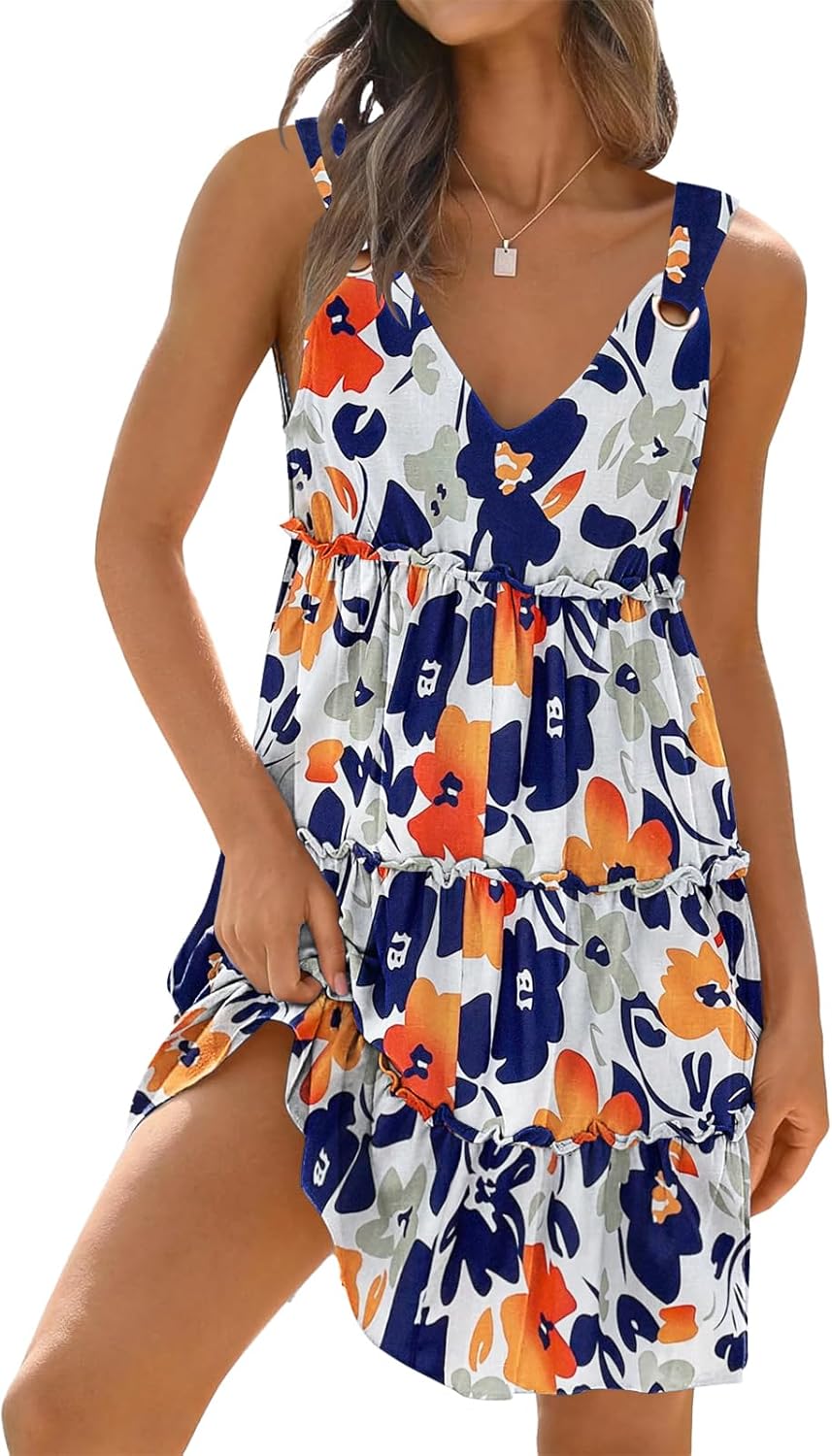 Womens Dresses V Neck Sleeveless Spaghetti Strap with O Ring A Line Tiered Smocked Casual Flowy 2025 Beach Mini Dress