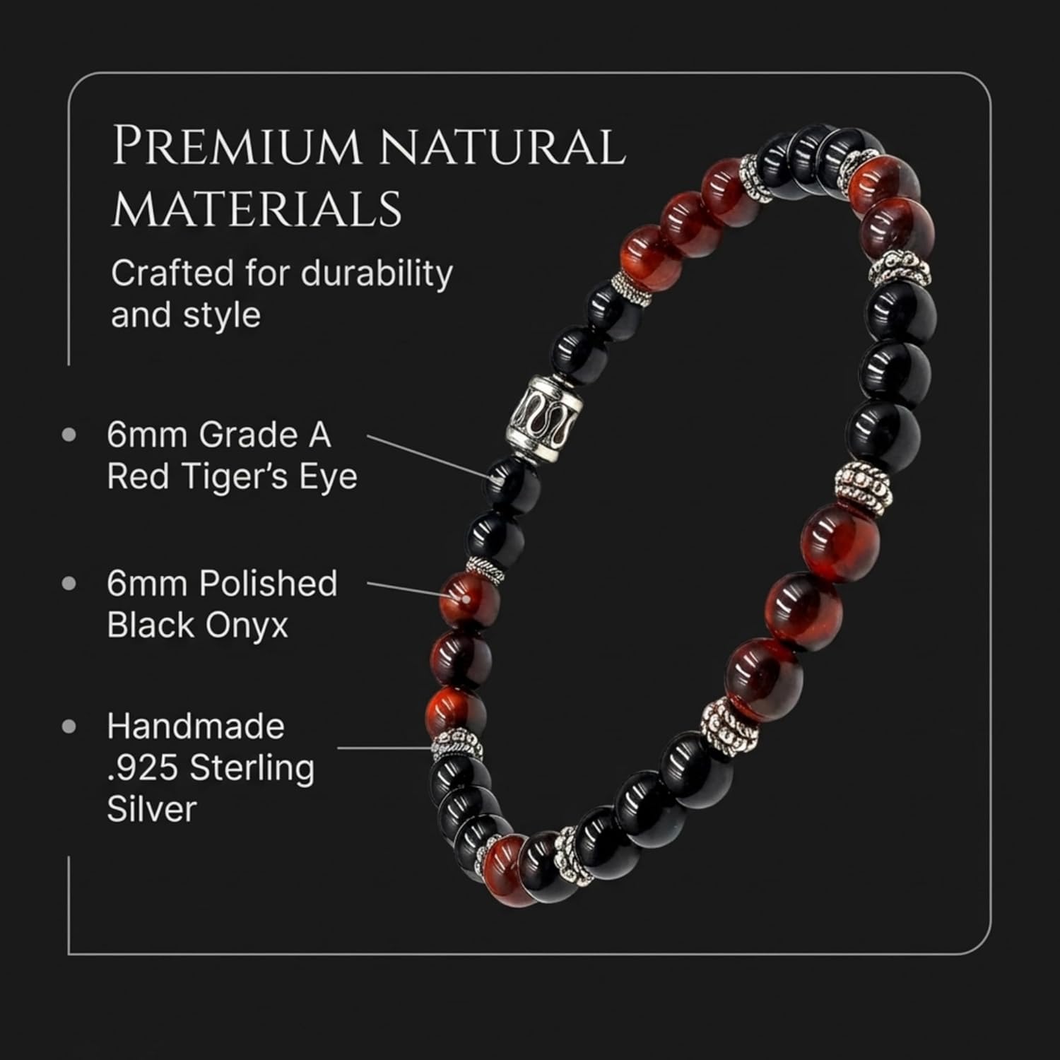 Kartini Studio Black Onyx and Red Tiger's Eye Bracelet, Stone and Sterling Silver Beads Bracelet, Quality Bead Jewelry for Men
