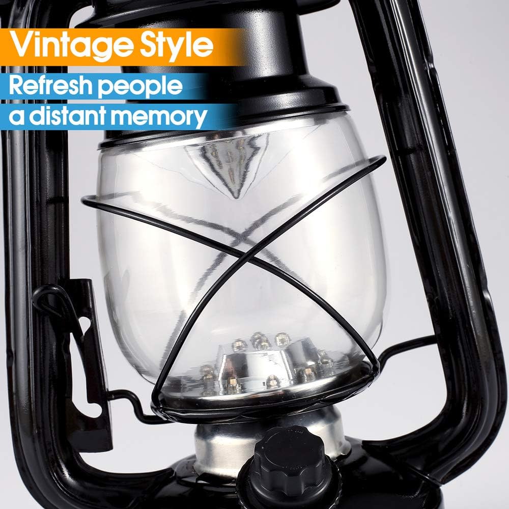 Black Vintage LED Hurricane Lantern, Warm White Battery Operated, Antique Metal Hanging With Dimmer Switch, 15 LEDs, 150 Lumen for Indoor or Outdoor Usage (Black)