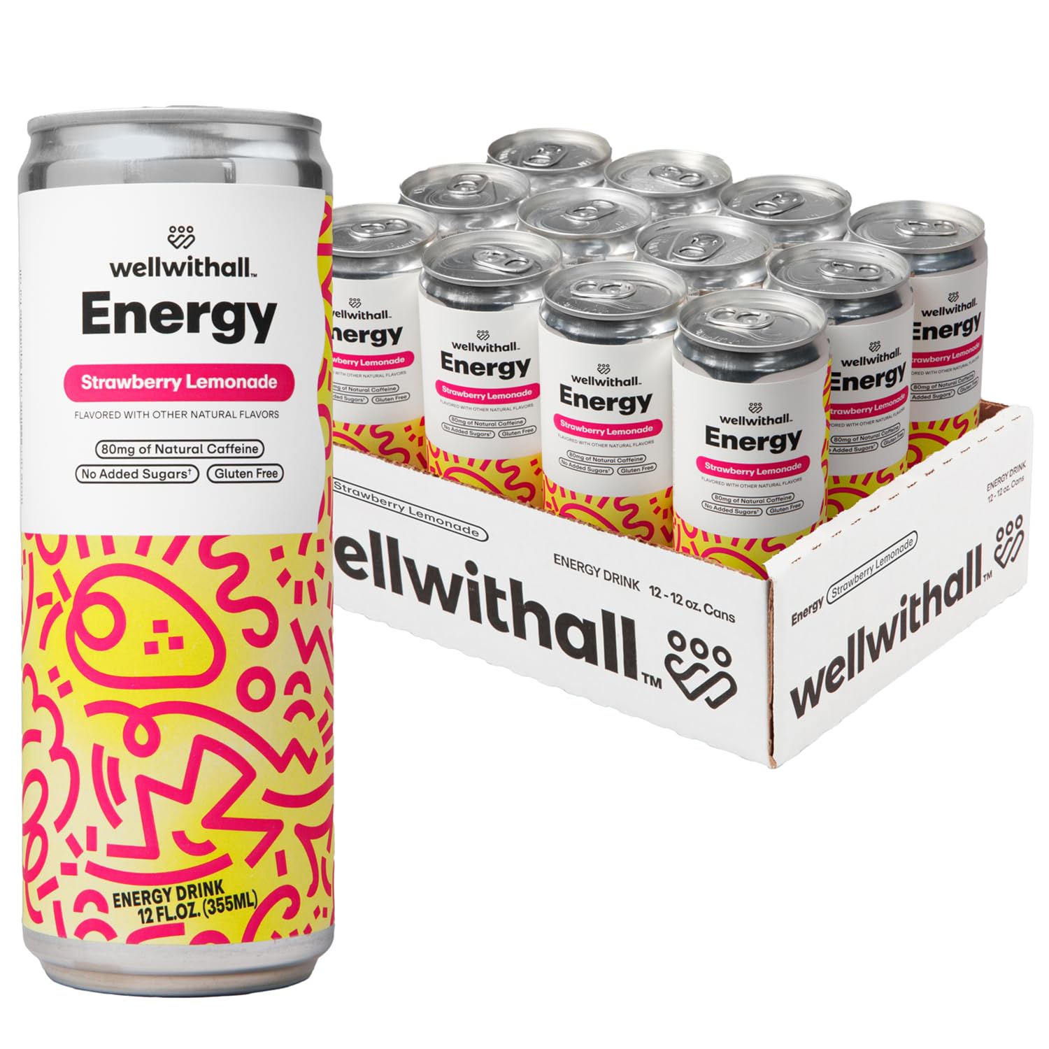 WellWithAll Strawberry Lemonade Energy Drink Caffeine from Tea With Vitamin C Lightly Sparkling Beverage Fruit Veggie Juice Blend