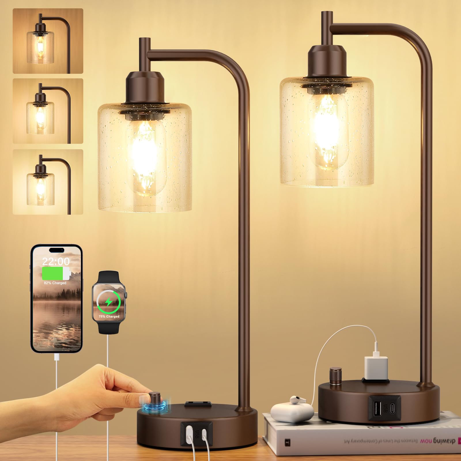 Innqoo Industrial Table Lamps for Bedrooms Set of 2 - Fully Dimmable Bedside Lamps with USB Ports and Outlet, Brown Nightstand Lamps with Glass Shade for Living Room, Desk Lamps for Office Reading