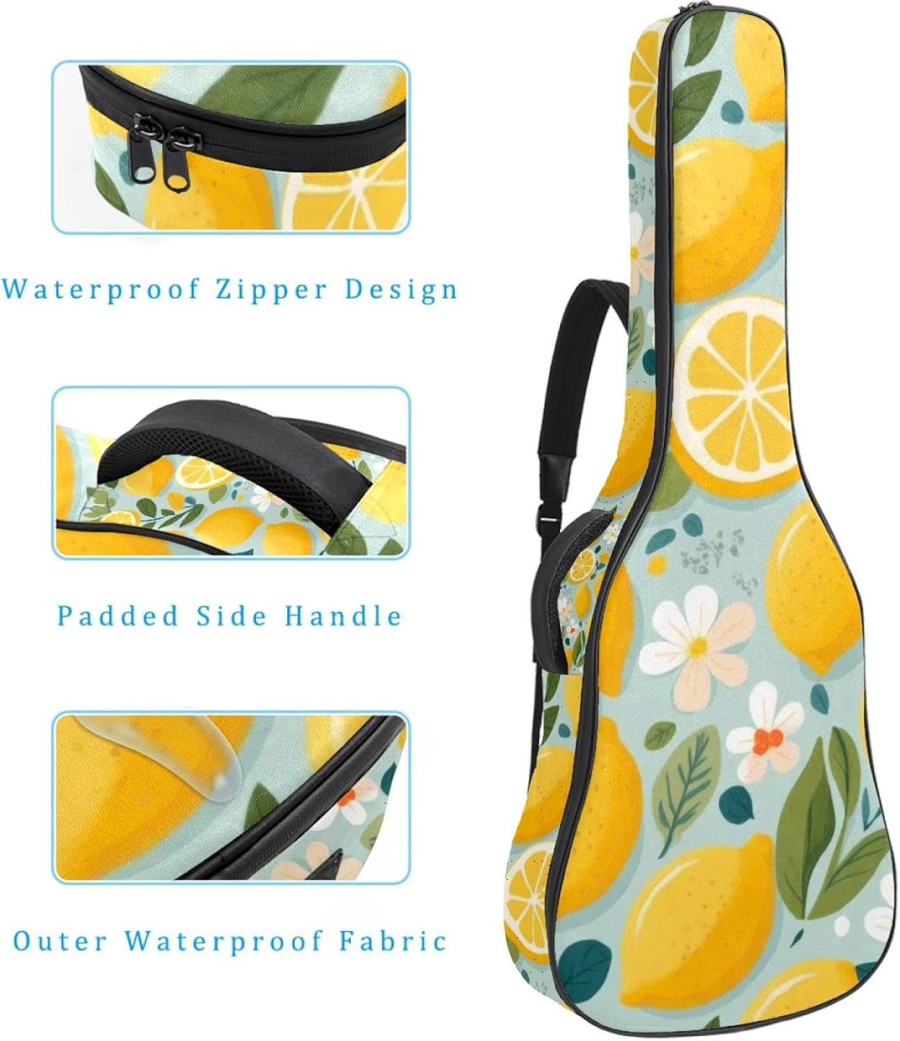 Acoustic Guitar Bag 0.4 Inch Thick Padding Waterproof Guitar Case Gig Bag for 40 41 42 Inch Electric Bass Classical Guitar, Lemon Fruits with Flowers