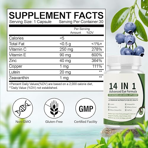 Miniatura 9 de Fórmula para ojos premium 14 en 1, que contiene luteína y zeaxantina, zinc, extracto de arándano, un total de 60 cápsulas (1)
