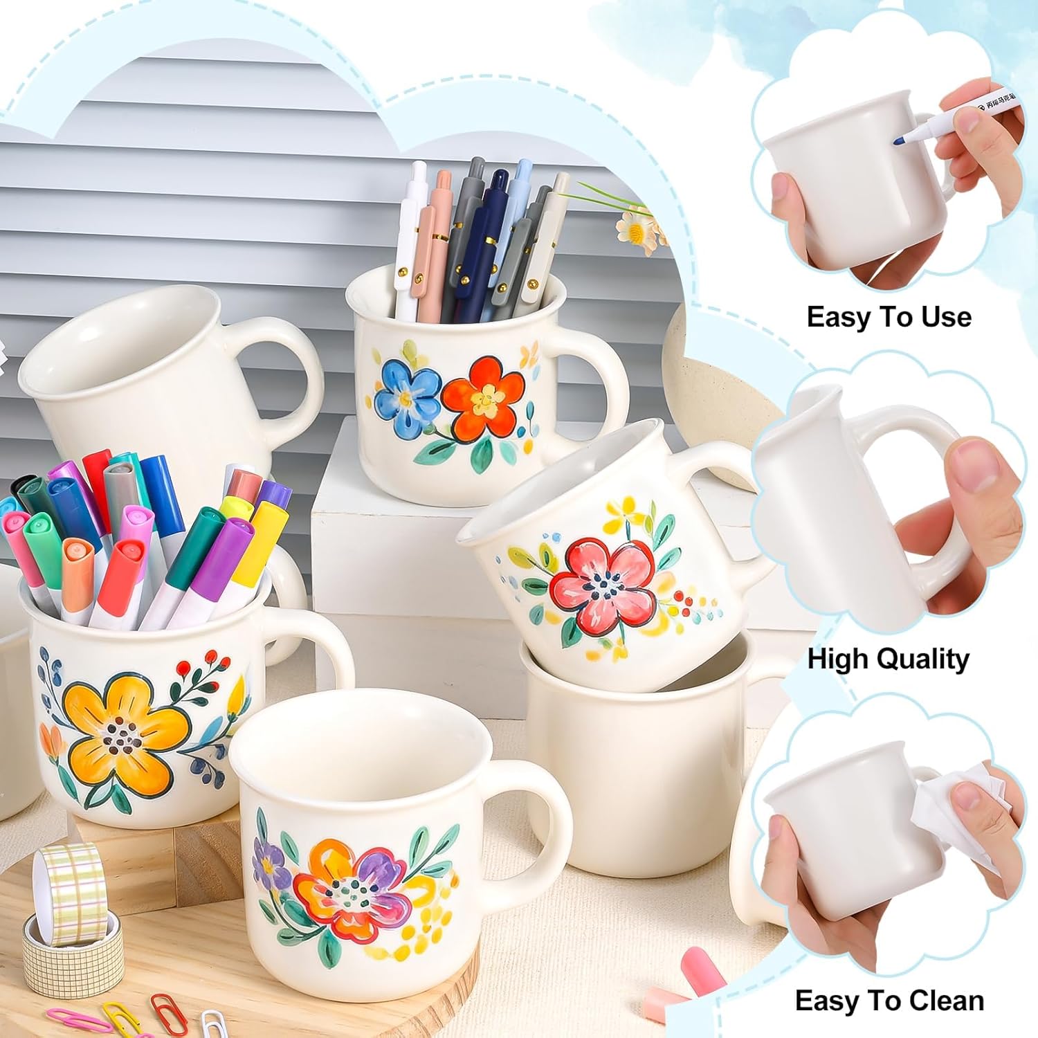 6 Pcs DIY Coffee Ceramic Mugs Paint a Mug Kit for Adults Christmas Gifts Personalized Paintable Cups with Ribbon Paint Your Own Decorating Kit Design Mugs Painting Kits for DIY Craft (6 Pcs)