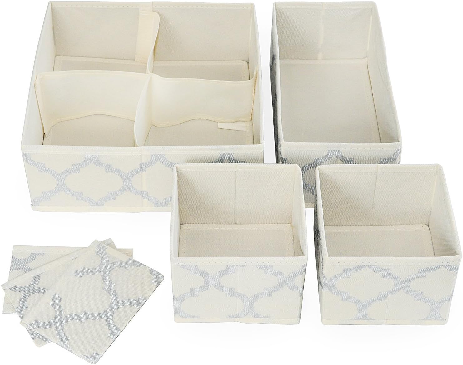 Set of 4 Organizer Bins with Dividers for Closet Dresser Drawer Inserts Bathroom Dorm or Baby Nursery; Store Socks Underwear Clothes; Clothing Organization; (Set of 4, Yellow-tinted Beige)