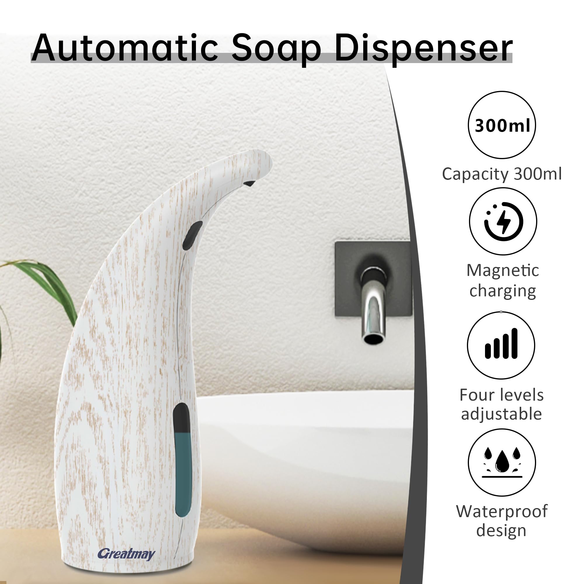Dispenser di sapone automatico regolabile senza contatto, 4 livelli regolabili con sensore touchless, dispenser di sapone liquido ricaricabile da 300 ml con ricarica magnetica