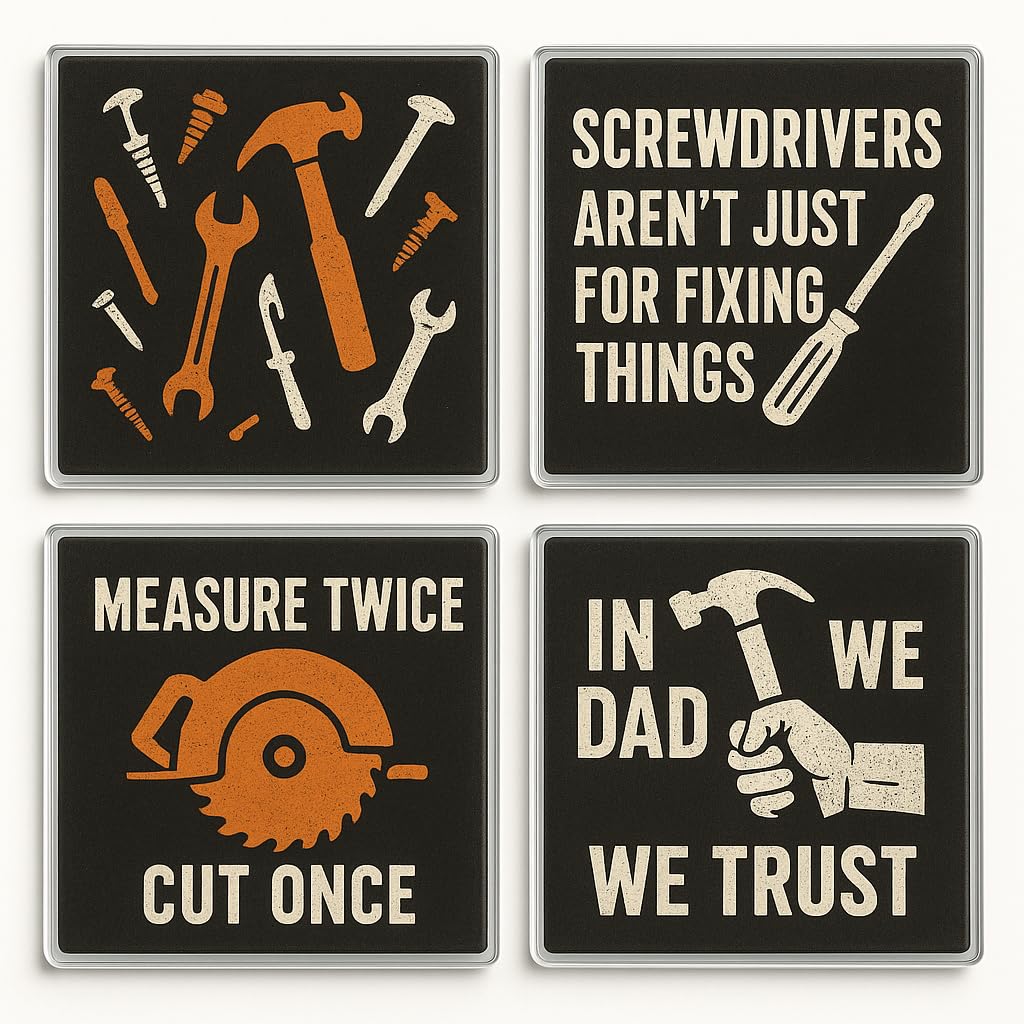 The Plum Penguin Man Cave Craftsmansh Acrylic Coaster Set Of 4 With Tool-Inspired Designs - Ip Drinkware For Diy Enthusiasts, Dad, Grandad