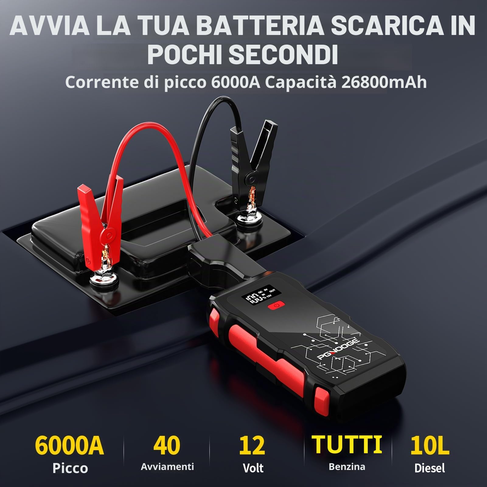 26800mAh 6000A Avviatore Booster per Auto 12V | Per tutte le auto a benzina 12V e veicoli diesel fino a 10L, Schermo digitale, Torcia, Power bank USB, Impermeabile