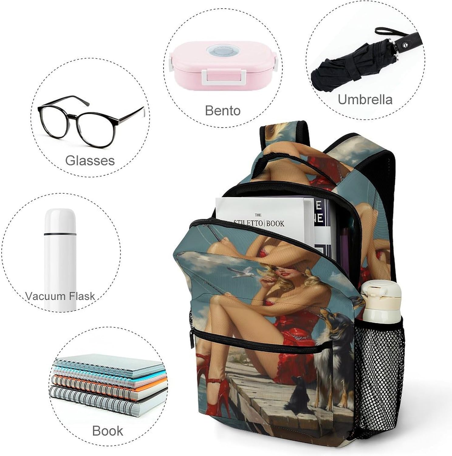 Pinup Girl with Fishing Pole Laptop Backpack Lightweight Travel Daypack Shoulder Bag for Men Women