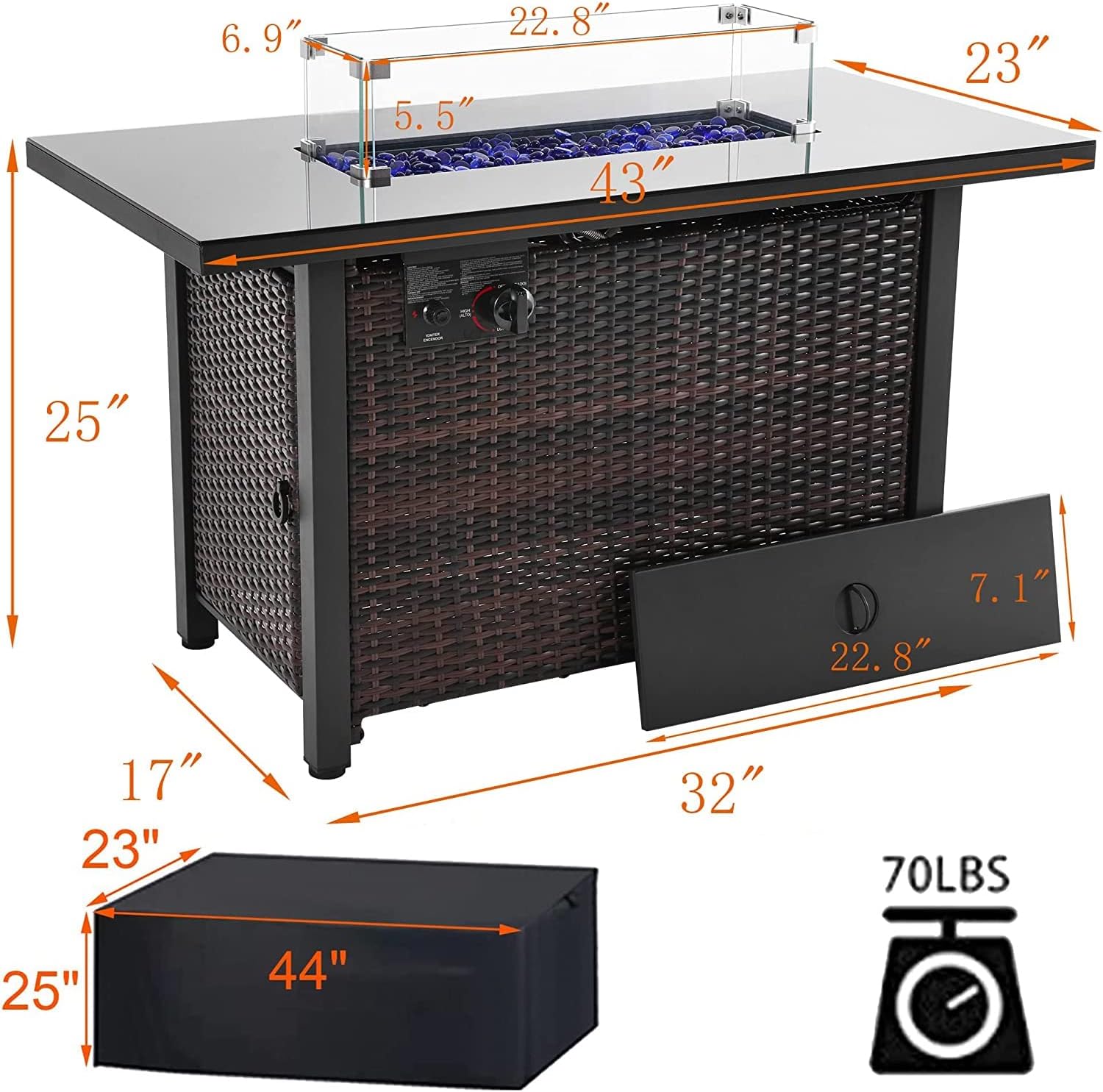 Buy Rattan Propane Fire Pit Table, Wicker 43 Inch 60,000 BTU Auto