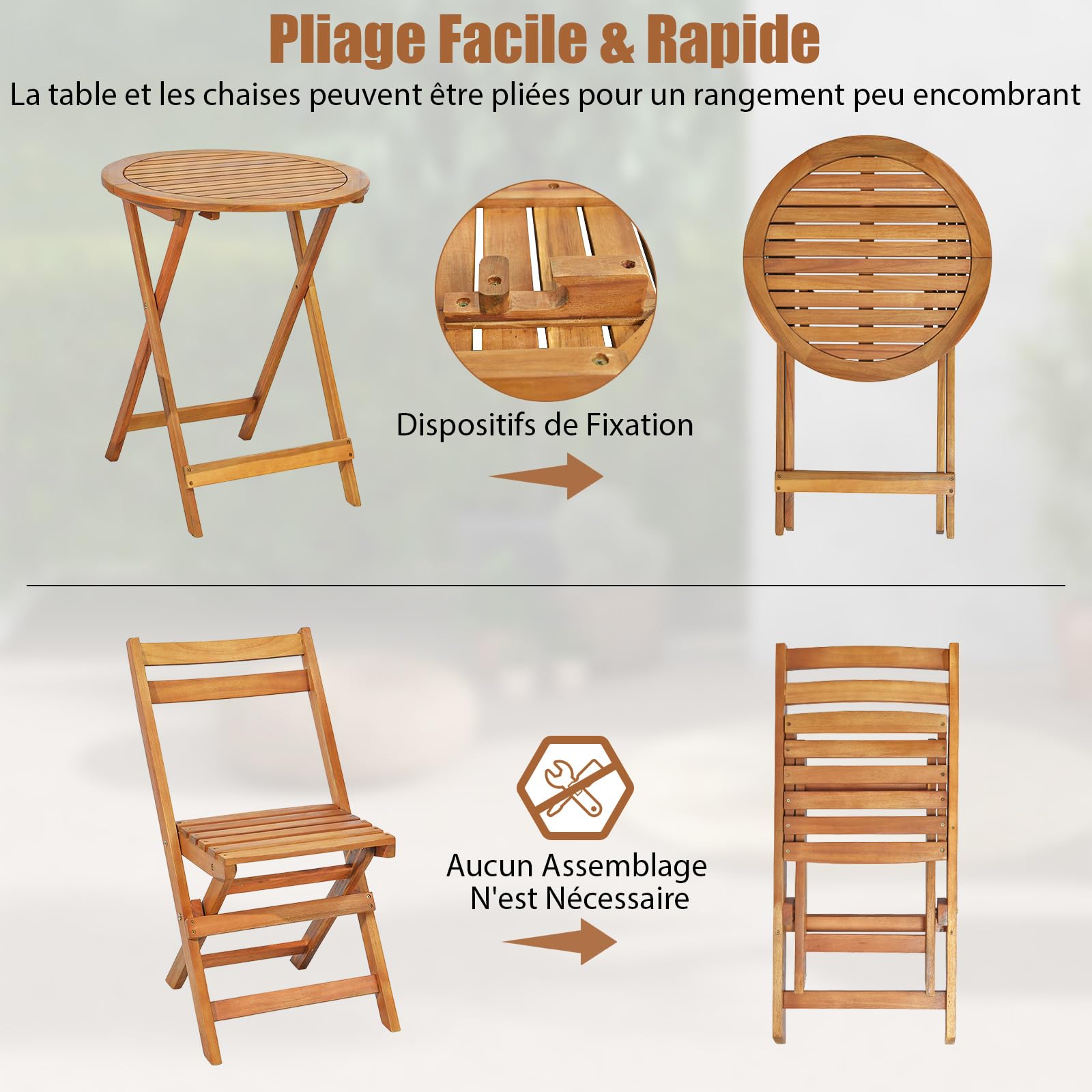 Giantex Table de Jardin Exterieur avec Chaise, 1 Table Ronde et 2 Chaises Bois d'Acacia avec Dossiers, Ensemble Meuble Extérieur, Salon de Jardin 2 Personnes, Table et Chasie Pliantes pour Balcon