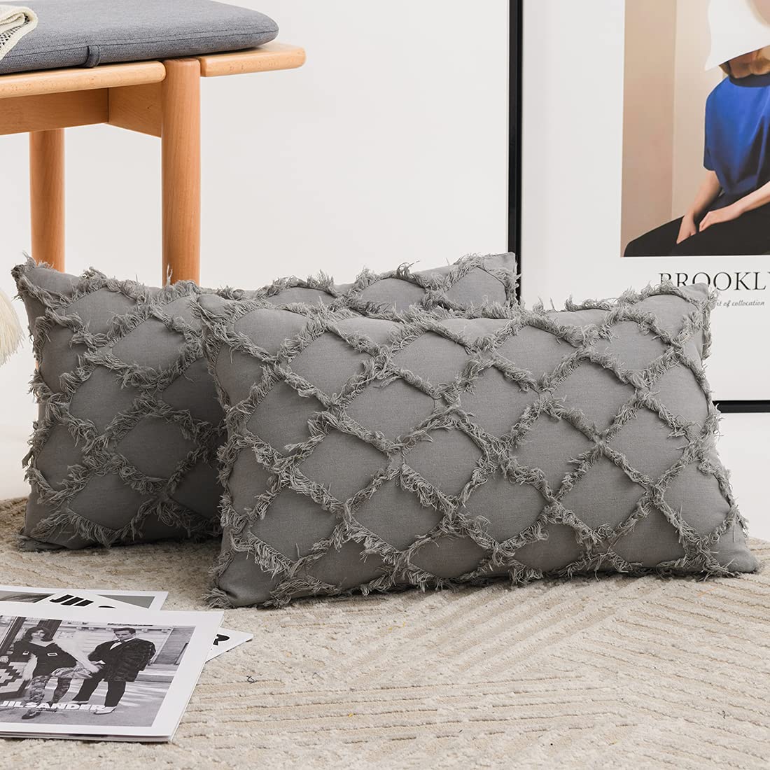 Housses de coussin jacquard losanges gris clair 30x50 cm en coton-lin pour canapé (Lot de 2)