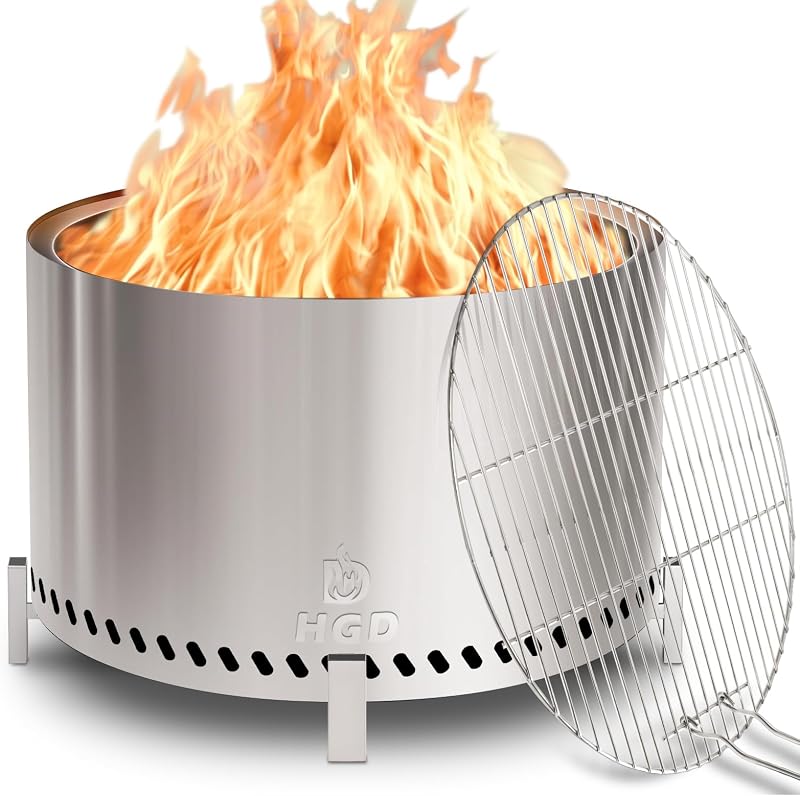 HGD 27.5" Smokeless Firepit with Stand & Grill Rack, Large Stainless Steel Wood Burning Fire Pit for Gatherings, Secondary Combustion Outdoor Patio Stove for Garden BBQ & Bonfire (Silver)