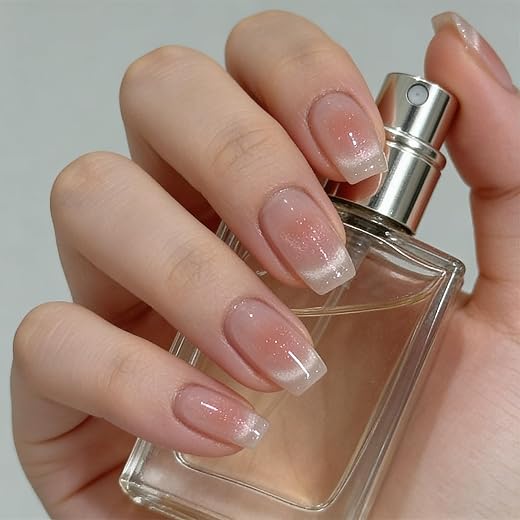 Cat Eye Fake Nails, 30pcs Cat Eye Shinny False Nails with Glue, Medium Long Square Glossy Artificial Summer Fresh Stick on...