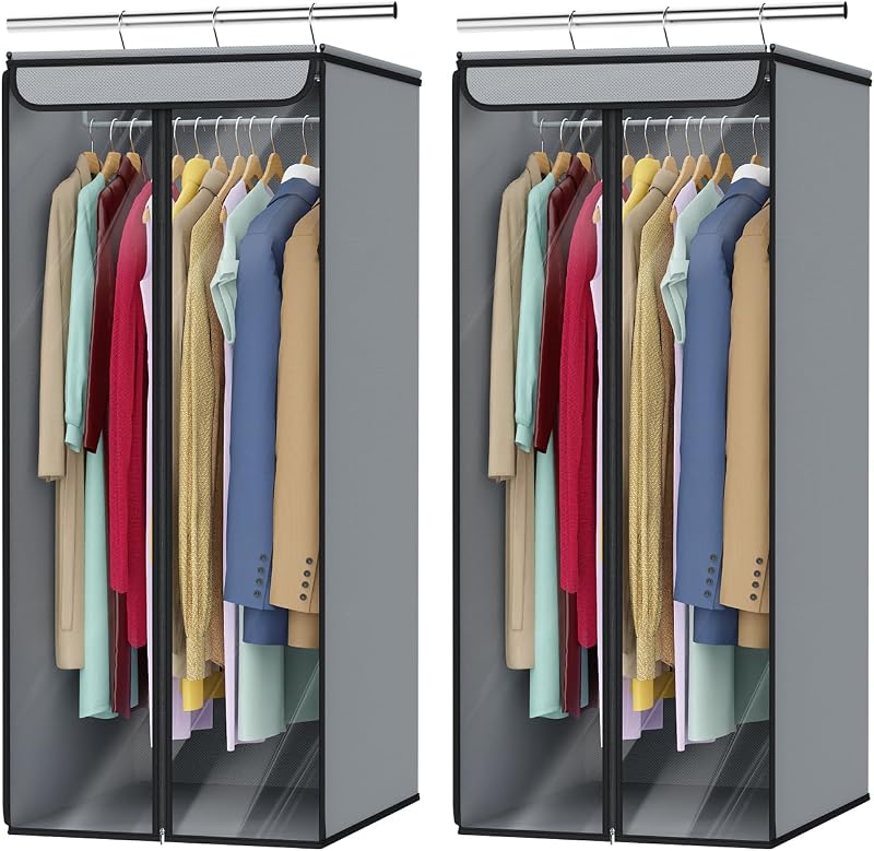 Univivi Garment Bags for Hanging Clothes, Cloth Bag 40 In, 2 PCS, Grey | Large Capacity, Easy Assembly, Clear Window, Dustproof, Durable Zipper, Hanging Garment Storage Bag for Suit, Coat, Dress