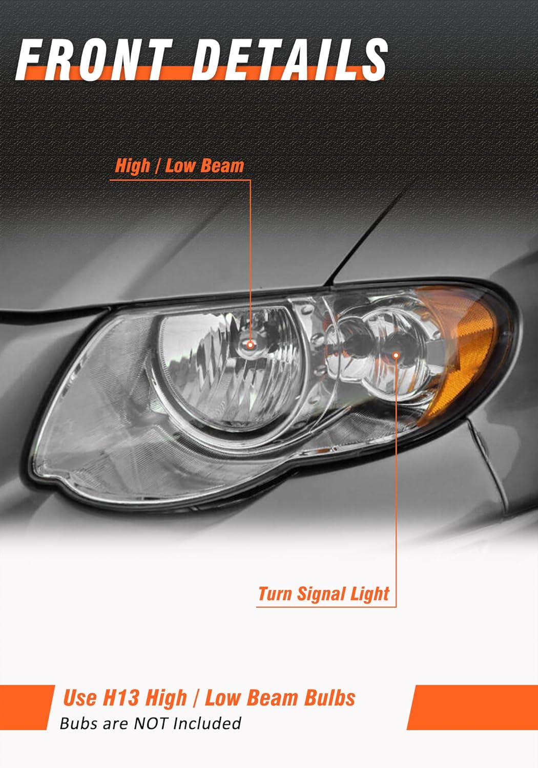 Headlight Assembly Compatible with 2005 2006 2007 Chrysler Town & Country Chrome Housing Amber Reflector Headlamp Driver and Passenger Side(Bulbs Not Included)