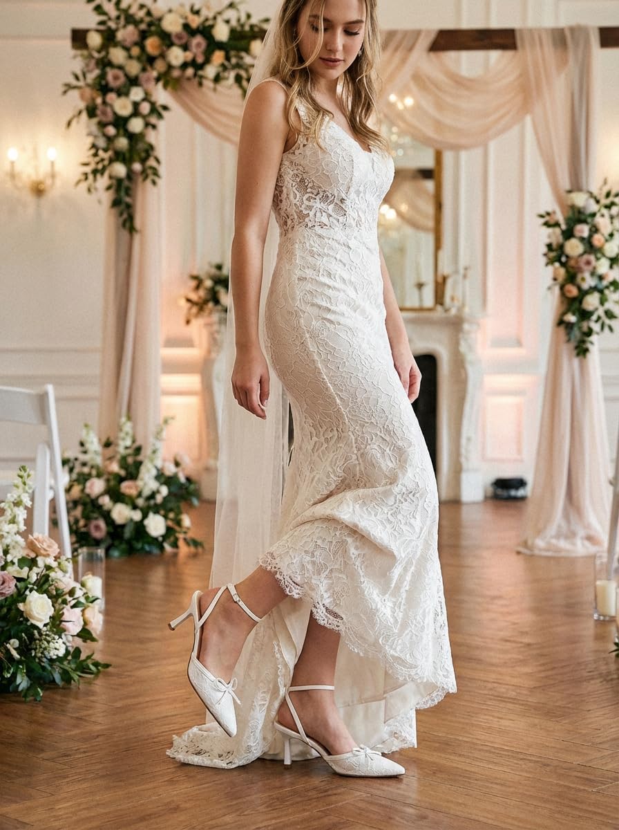 Women's Pointed Toe Kitten Heel Lace Pumps Ankle Strap Heeled Sandals Wedding Dress Shoes for Women