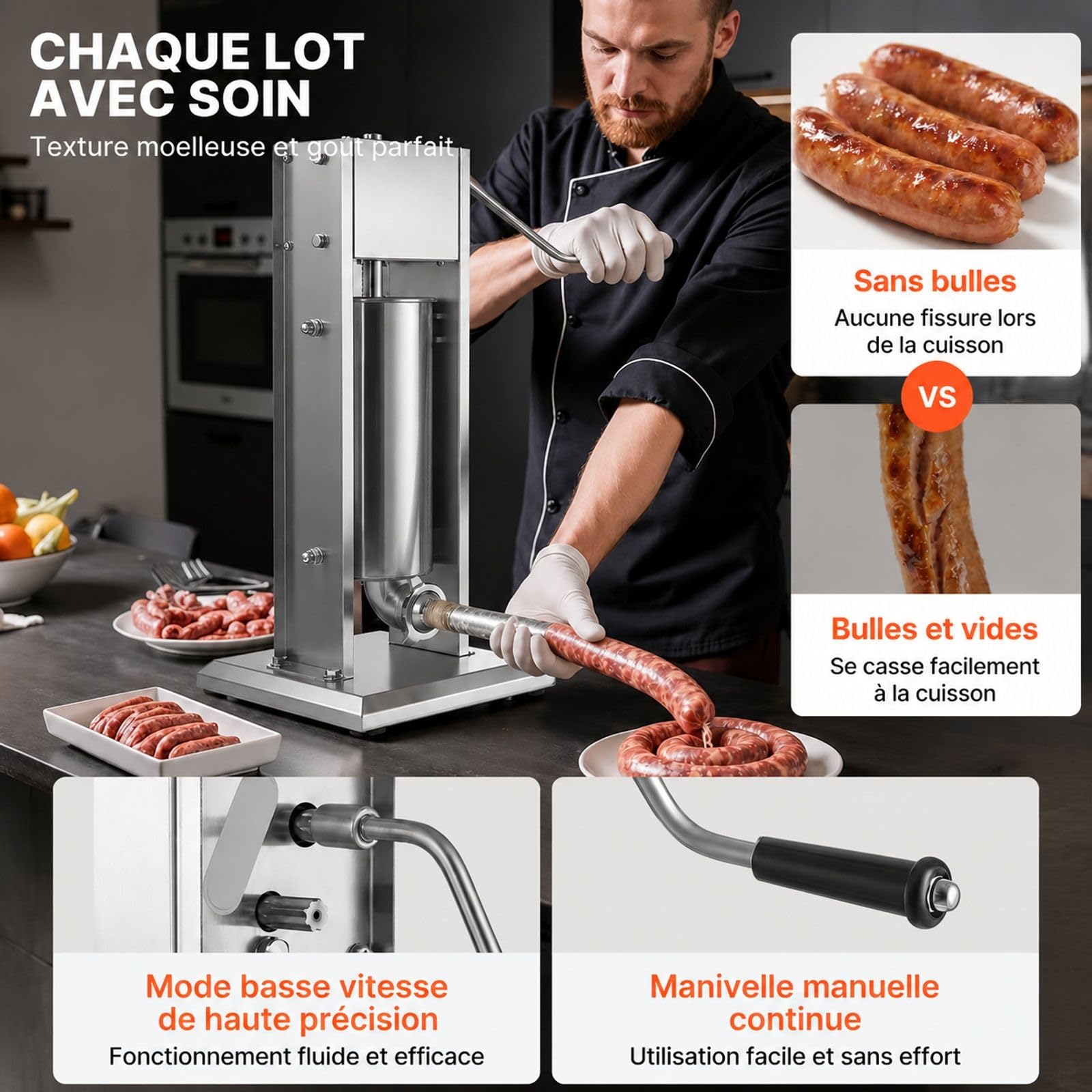 Poussoir à saucisses manuel vertical 5 L en acier inoxydable avec 5 tubes de remplissage pour cuisine domicile et restaurant