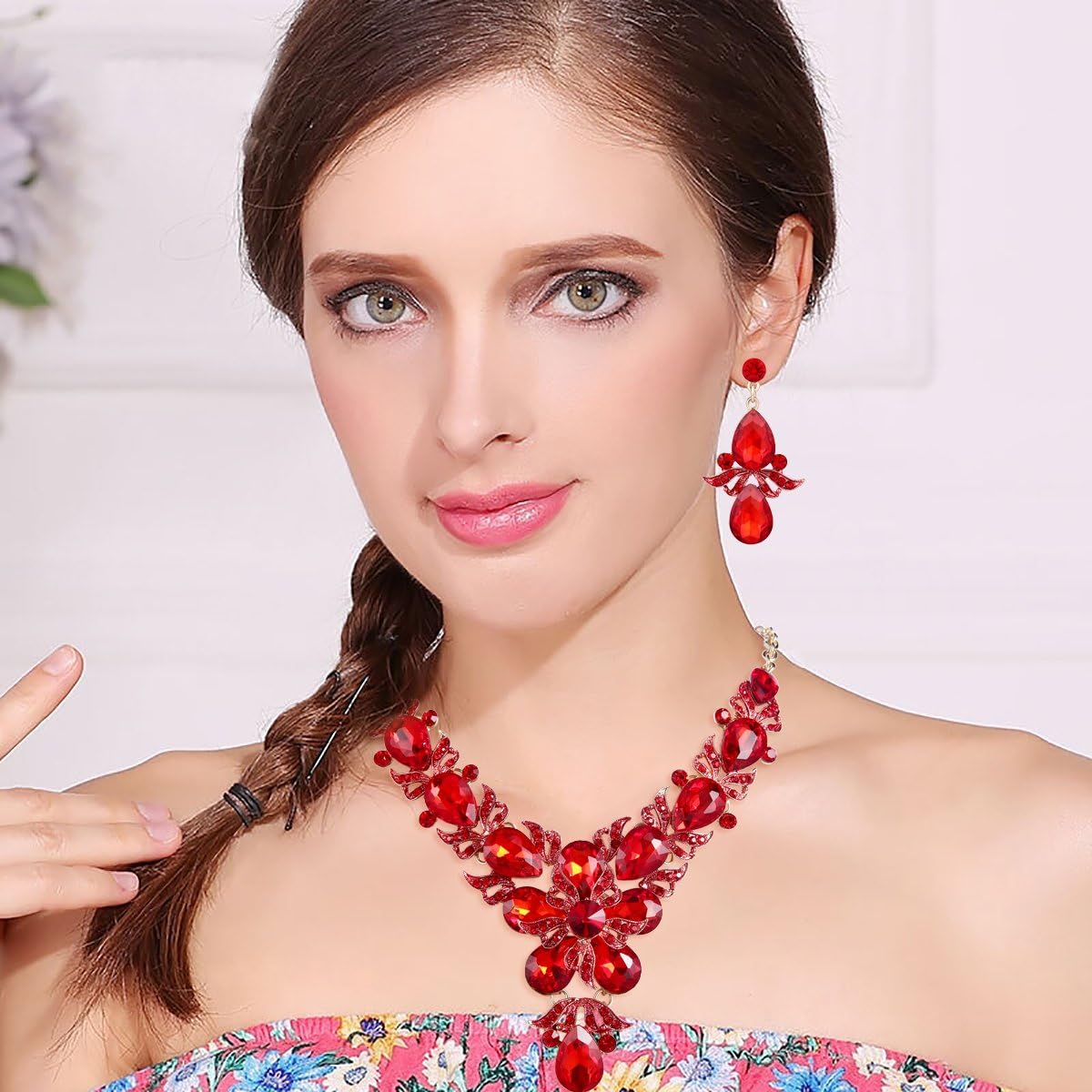 EVER FAITH Rhinestone Crystal Elegant Wedding Flower Leaf Teardrop Necklace Earring Set - Image 3