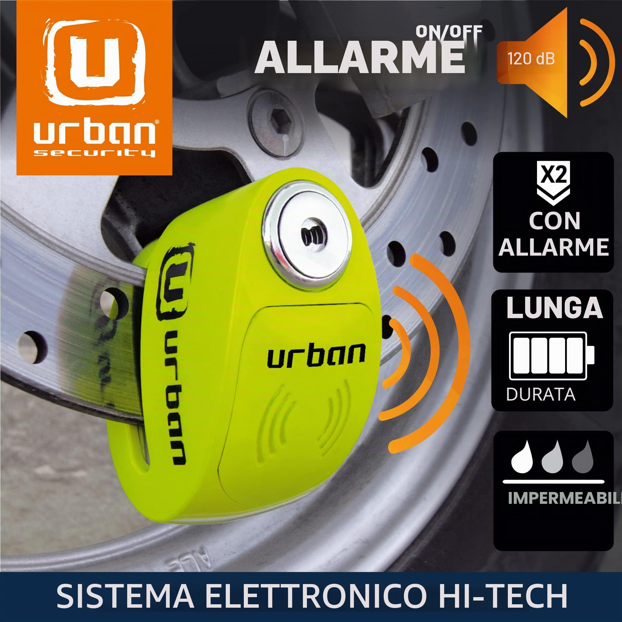 URBAN UR906X Antifurto Moto con Allarme Lucchetto Bicicletta Bloccadisco Scooter 120 dB ON/OFF Sicurezza Monopattino Elettrico 120dB Sonoro, ø6 Blocco Impermeabile