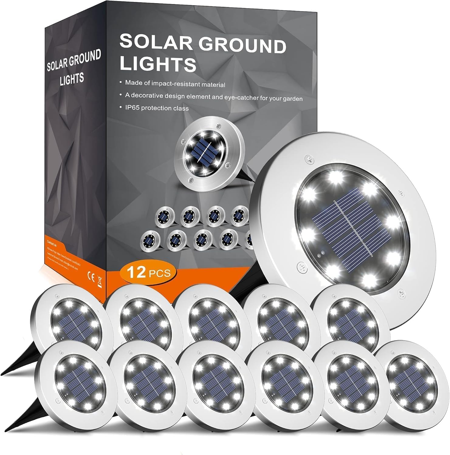 INCX 12 Pack 4.6 Inch Solar Ground Lights Outdoor, Waterproof, Cold White | 8 LEDs, 600mAh Ni-MH battery, 8-10 hr runtime, stainless steel and ABS body, garden lights for pathways, lawns and driveways