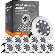INCX 12 Pack 4.6 Inch Solar Ground Lights Outdoor, Waterproof, Cold White | 8 LEDs, 600mAh Ni-MH battery, 8-10 hr runtime, stainless steel and ABS body, garden lights for pathways, lawns and driveways