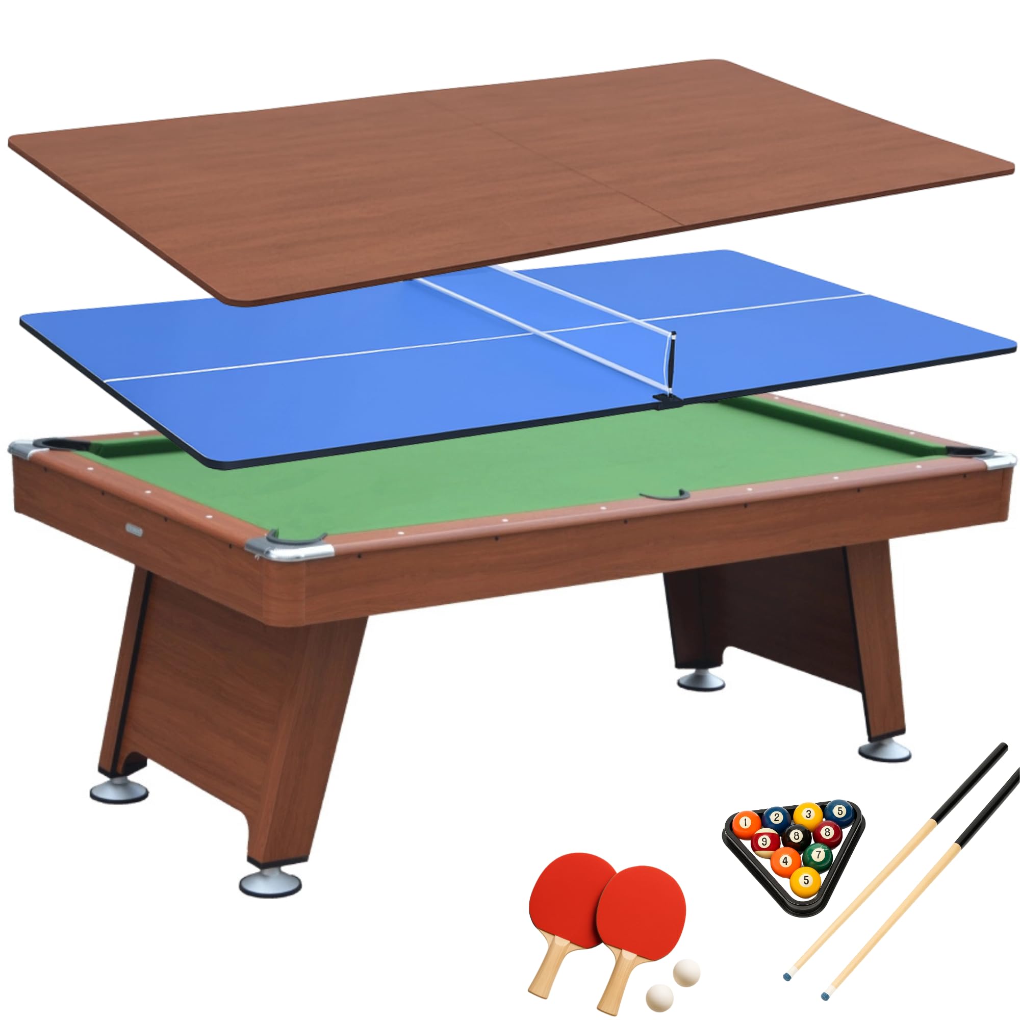 DEVESSPORT Mesa de Billar 3  en 1 Marrón - Billar, Ping Pong y Mesa de Comedor Incluye Todos los Accesorios, Fabricado de MDF, niveladores de Patas y Dimensiones 215x121x78cm