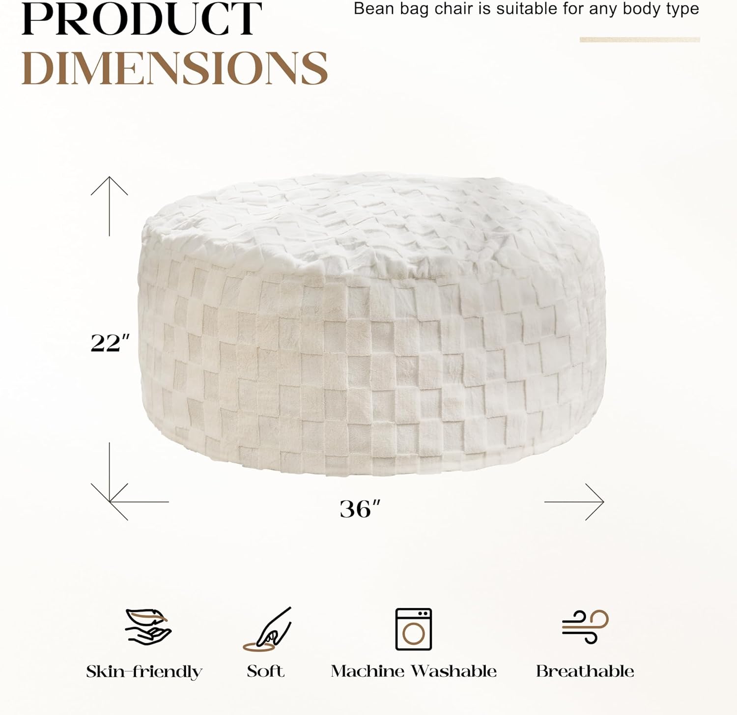 hobestluk bean bag chairs beanbag chair with filler adult bean bags with fluffy plaid cover, giant bean bag chairs for adults for living room, bedroom (white, 3ft - 36” x 36” x 22”) white 3ft - 36” x 36” x 22”