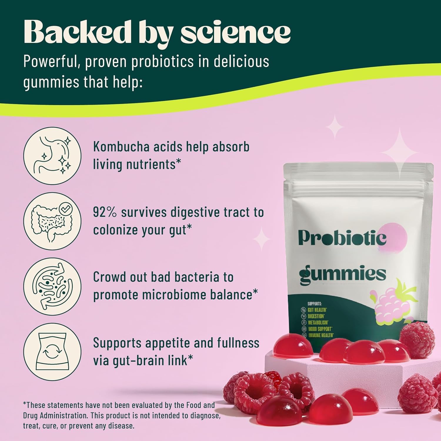 Gomita probiótica Kombucha - para hinchazón, salud intestinal - Probióticos para mujeres y hombres - Vegano, sin OGM