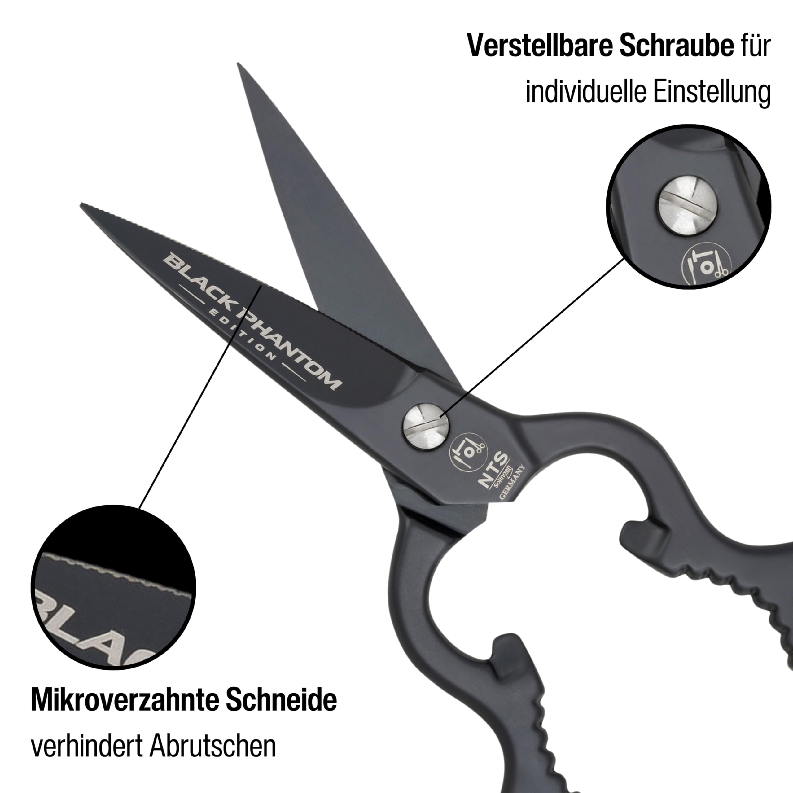 Profi 4in1 Küchenschere Black Phantom Edition 8", Handgeschmiedete 4in1 Haushaltsschere in edlem Schwarz, Rostfrei