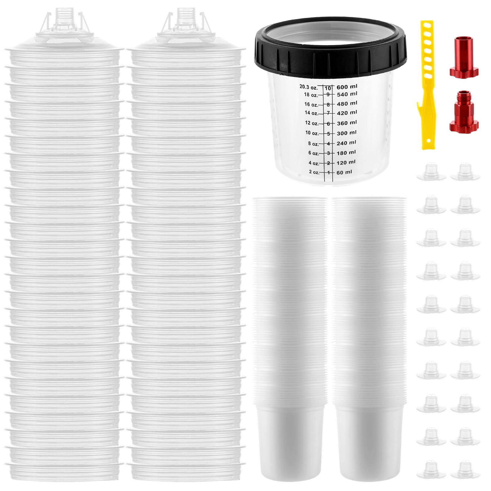 APACALI 50 sztuk kubków do mieszania farb 600 ml, pistolet natryskowy do mieszania, do pistoletów natryskowych HVLP i LVLP z 50 kubkami i pokrywkami, 1 twardy kubek z pierścieniem mocującym i 20