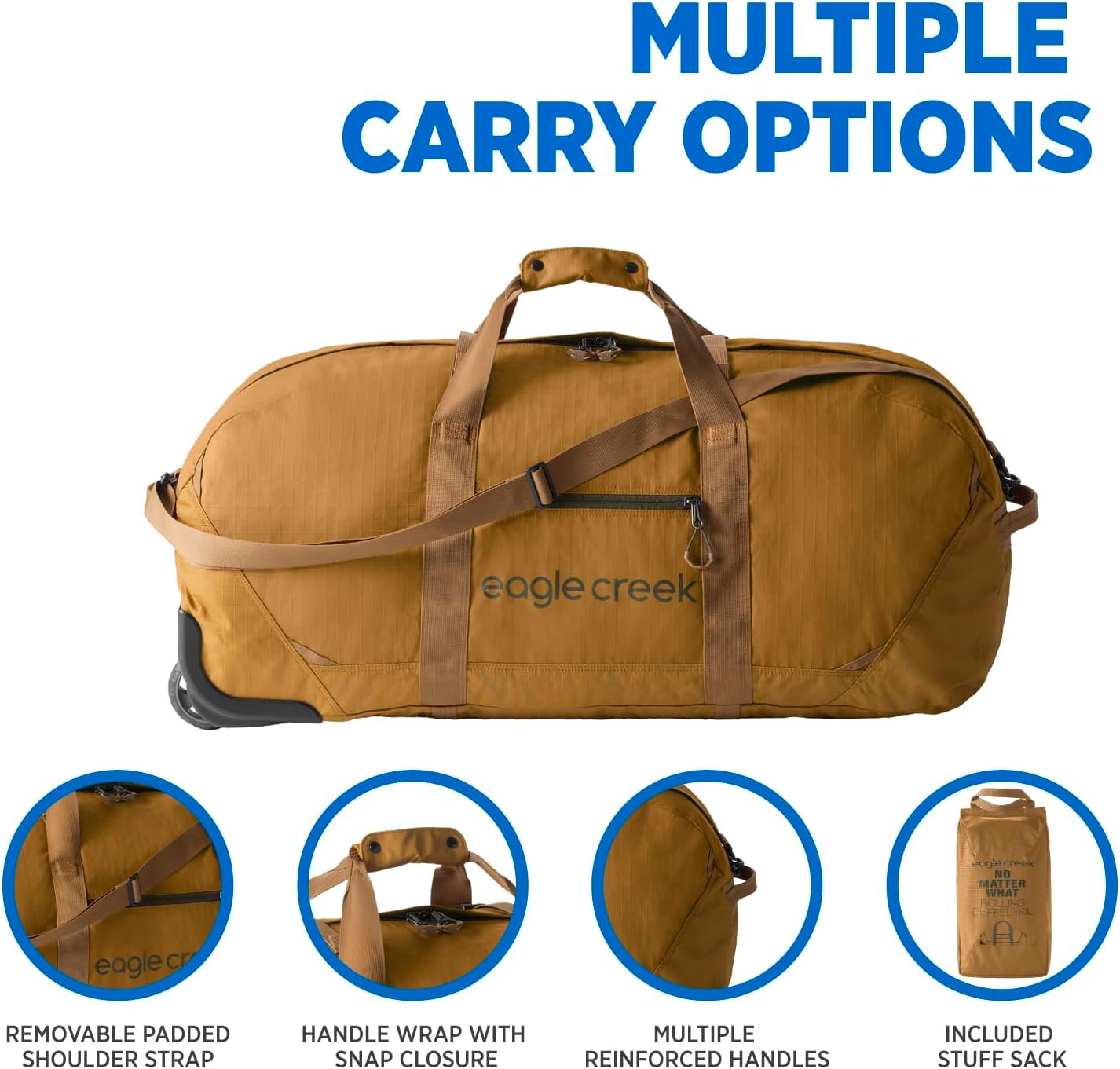 Eagle Creek No Matter What Rolling Duffel - Durable Rolling Bag for Travel - Adjustable Shoulder Strap - Heavy Duty Wheels - Lockable Zippers - Multiple Carry Options - 110L - Safari Brown