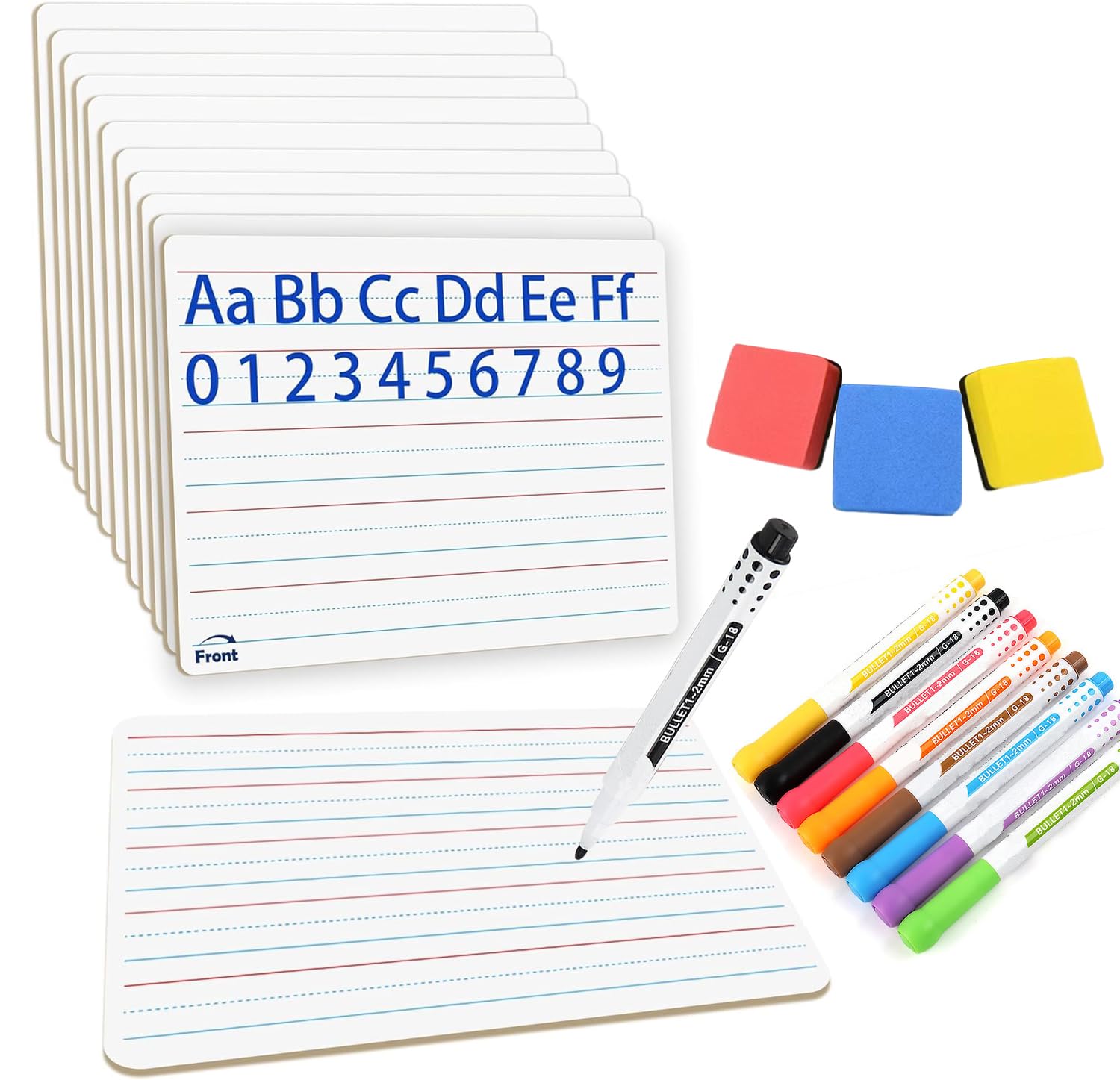 12PCS Dry Erase Boards,9"x12" Double Sided Small Whiteboards with Lines,Students,Education Teacher Classroom,Mini Portable Drawing Learning Lapboards with Colors Pens and Erasers.