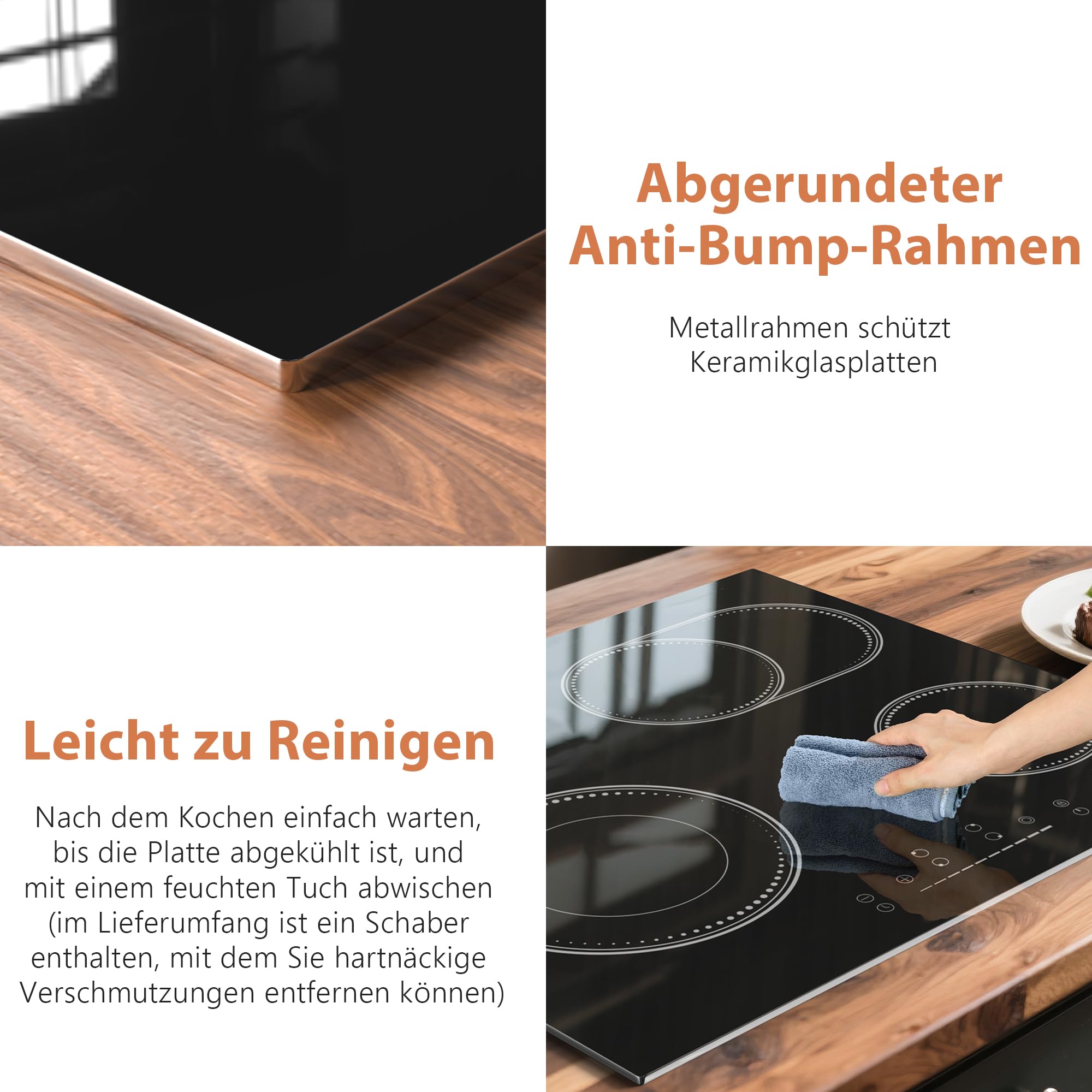 Glaskeramikkochfeld 4 Platten mit Rahmen, Kochfeld Autark, mit Ovaler und Doppelter Zone, Schieberegler Touch, Sicherheitsschloss, Metallrahmen Schutzglas, Kein Stecker, 6600W, 230V