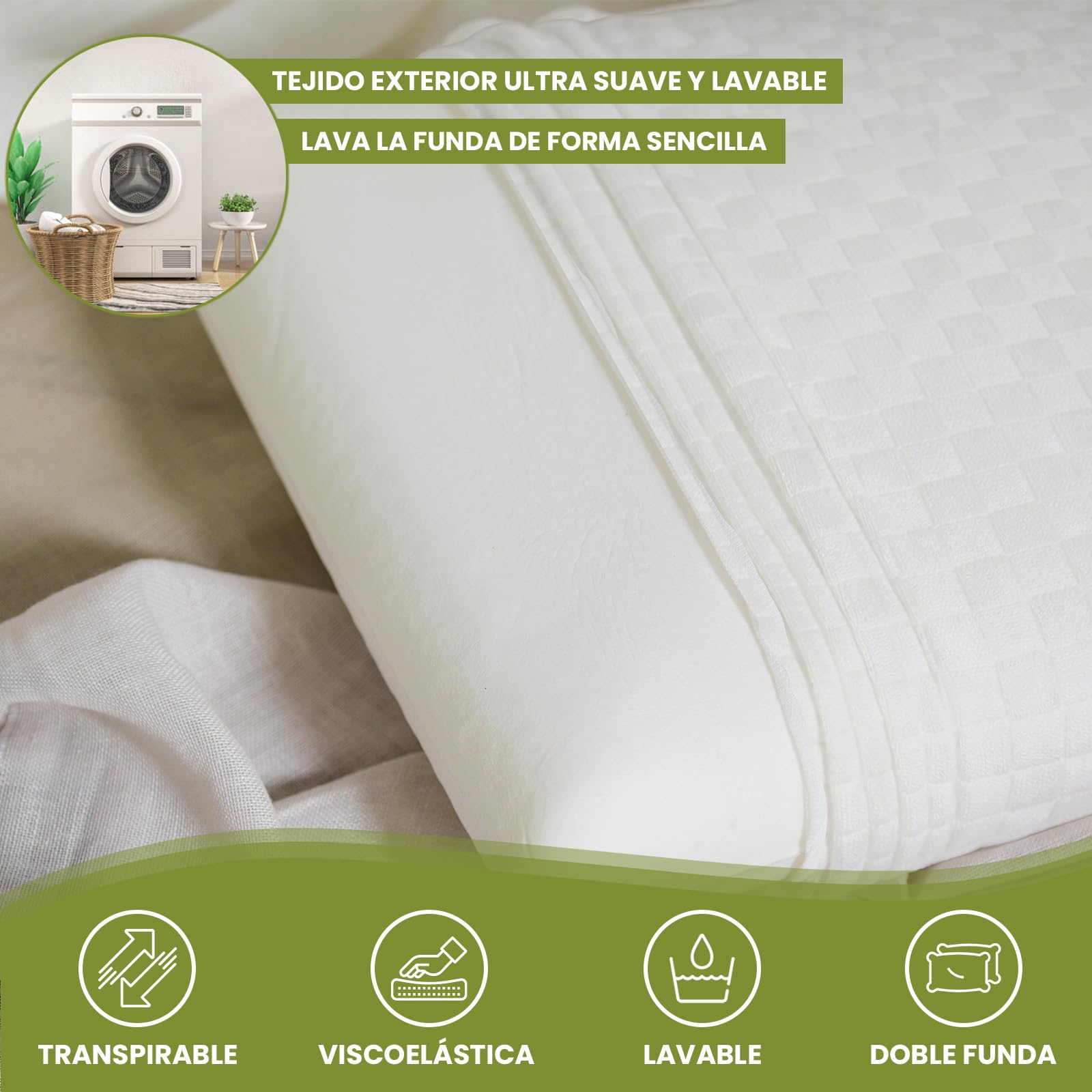 Pack 2 Almohadas Viscoelásticas 70 cm - Núcleo Compacto con Funda Interior + Funda Lavable con Cremallera - Memory Foam Adaptable Cuello - Termorreguladoras + Suaves y Ergonómicas