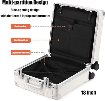 BEITH Hardside Luggage 18inch, BSM001S Aluminium Frame Suitcase with Foldable Cup Holder, Computer Case, TSA Lock, PC Shell, 360 Double Spinner Wheels, Alum Lifting Rod, 180 Rebound Handle