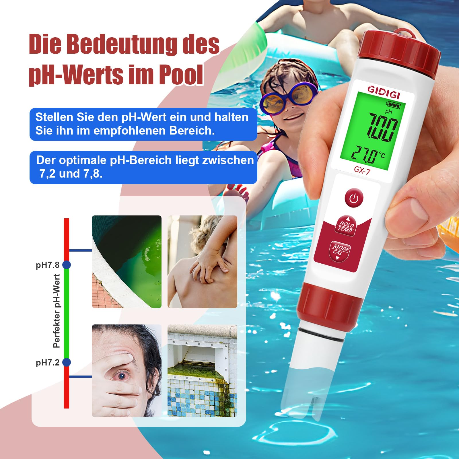 Digitales Pool Wasser Messgerät Set 7-in-1 pH-Meter & Chlortester mit Salzgehalt/TDS/EC/Temperatursensor für Pool, Spa, Aquarium, Hydrokultur & Trinkwasser