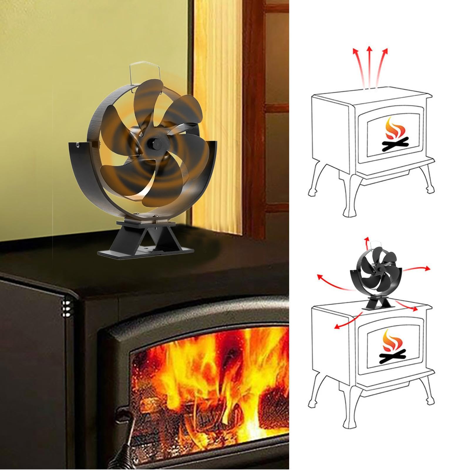Ventilatore per stufa a legna, robusto ventilatore di circolazione 'aria | calda, girevole a 360 gradi, distribuzione efficiente del calore, riscaldato, silenzioso, alimentato a calore, 6
