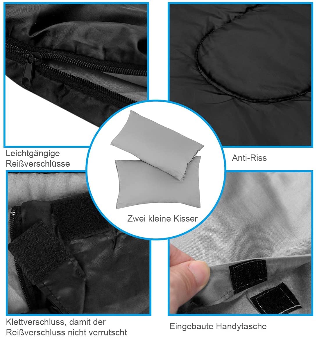 RELAX4LIFE Saco de Dormir Doble con 2 Almohadas y Bolsa de Transporte, Saco de Dormir Multifuncional con Bolsillos Laterales y Diseño Divisible para Adultos y Niños