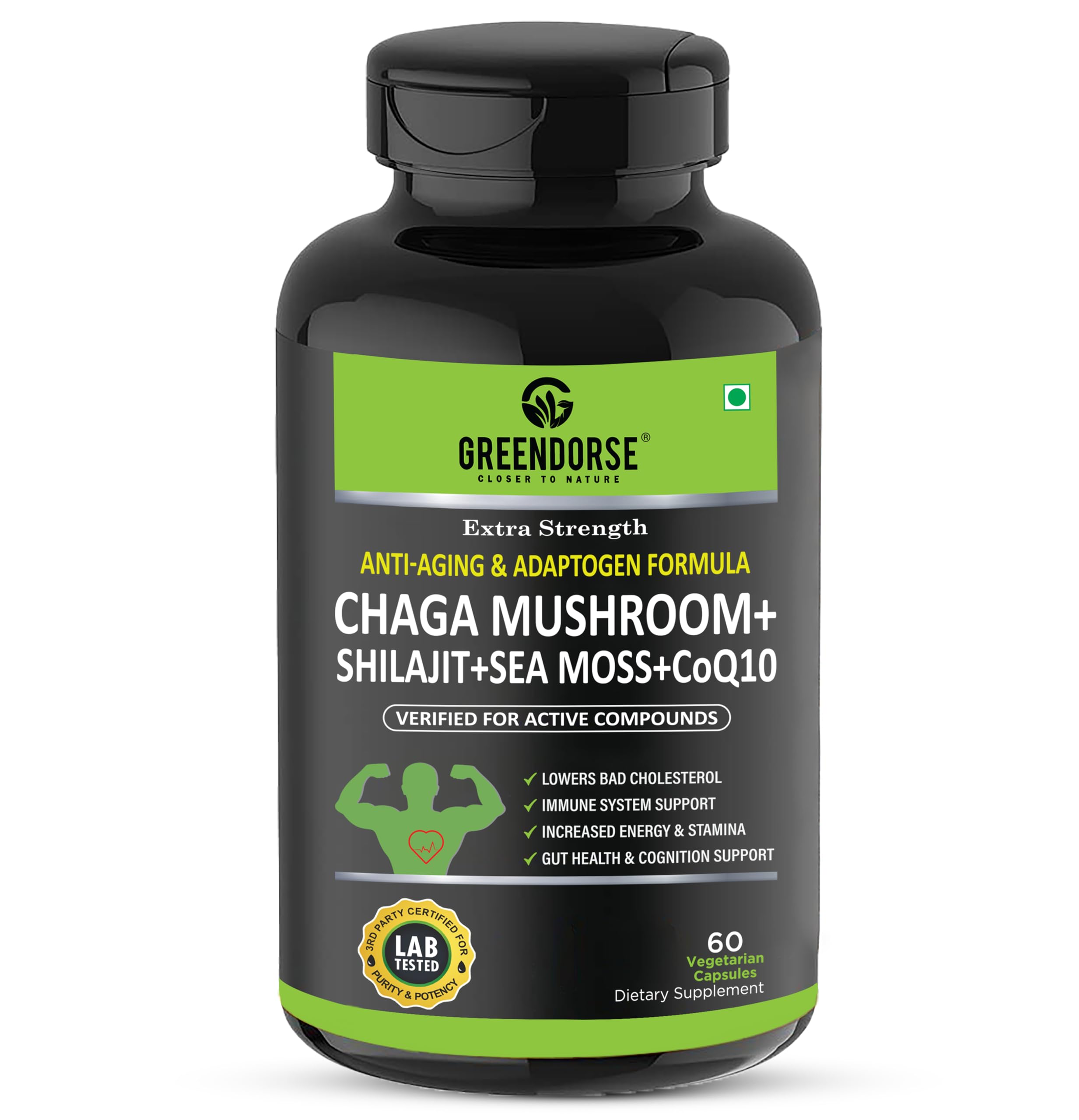 GREENDORSE Chaga Mushroom Extract with Shilajit, CoQ10, Sea Moss Adaptogen Formula, Standardized for active compounds, For Heart Health, Digestion, Energy & Immunity |Formulated in US- 60 Veg Capsules (B0CSDYMCJ5) Amazon Price History, Amazon Price Tracker